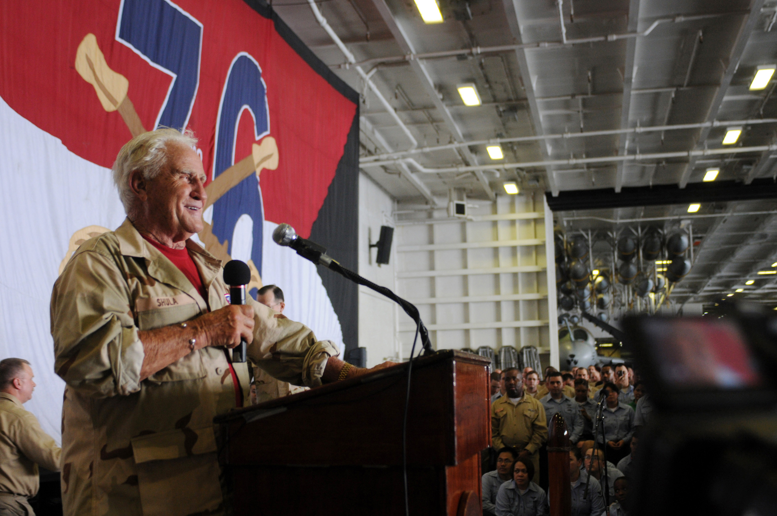 Former Dolphins head coach Don Shula addresses the crew of the aircraft carrier USS Ronald Reagan (circa July 2009)