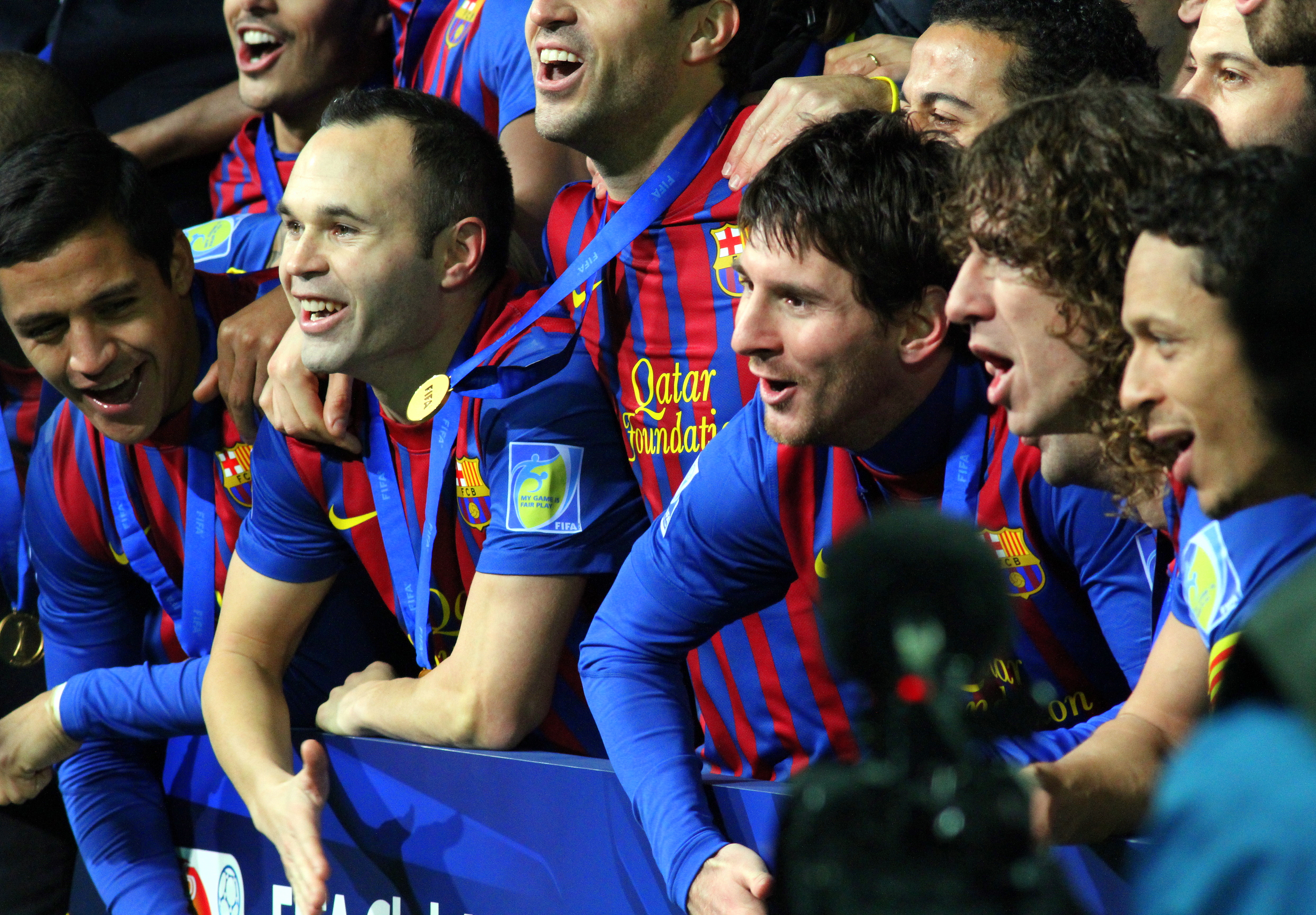 Barcelona F.C. celebrating their 2011 F.I.F.A. Club World Cup win against Santos F.C. (Brazil)