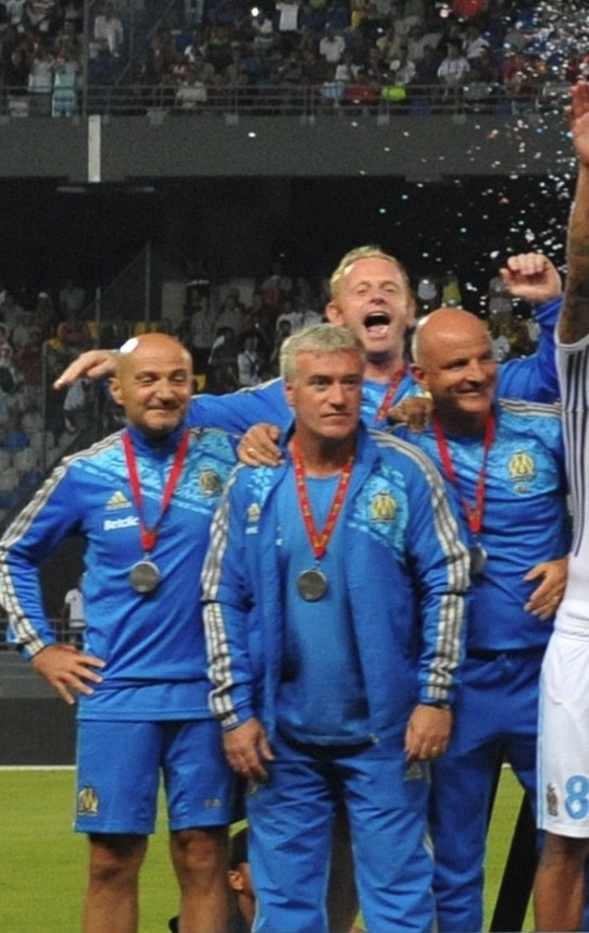 Didier Deschamps (front, center), Antonio Pintus, Nicolas Dehon and Guy Stéphan celebrating their Trophée des Champions win over Lille OSC in 2011