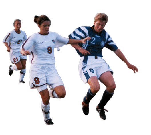 Mia Hamm # 9, left with the U.S. womens national team circa 1997